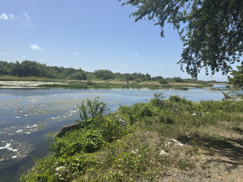 Visita al río Nizao, donde se observan áreas de bajo caudal, vegetación y residuos en sus márgenes.