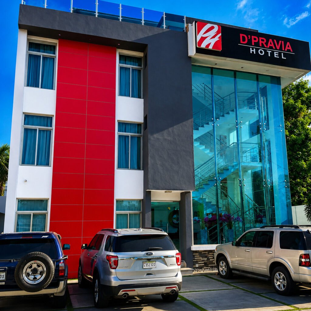 Fachada D' Pravia Hotel, establecimiento de alojamiento ubicado en Bani, Provincia Peravia.